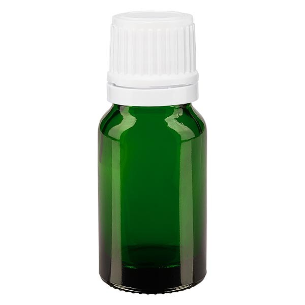 Flacon pharmaceutique vert 10 ml bouchon compte-gouttes blanc bague inviolable