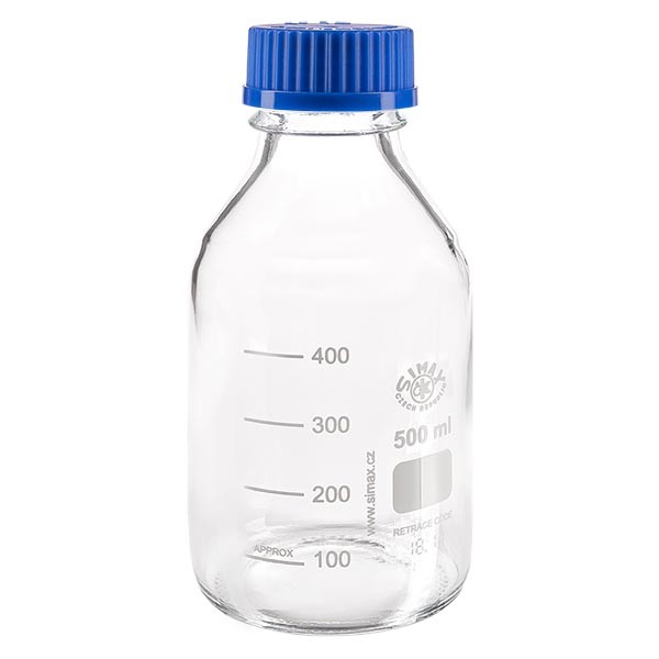 500 ml laboratoriumfles met schroefdraad + blauwe dop + ring