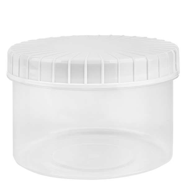 Pot en plastique transparent 250 ml + couvercle à vis blanc strié en PE, fermeture standard