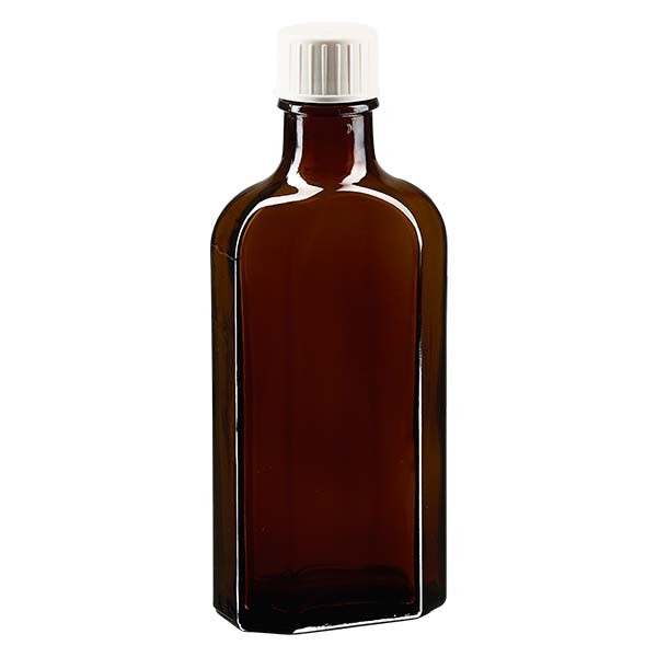 Flasque brune de 125 ml au goulot DIN 22, avec bouchon à vis DIN 22 blanc et bague anti-gouttes