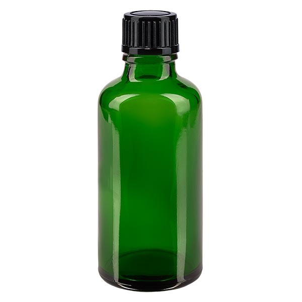 Groenen glazen flessen 50ml met zwart druppelsluiting 1mm St