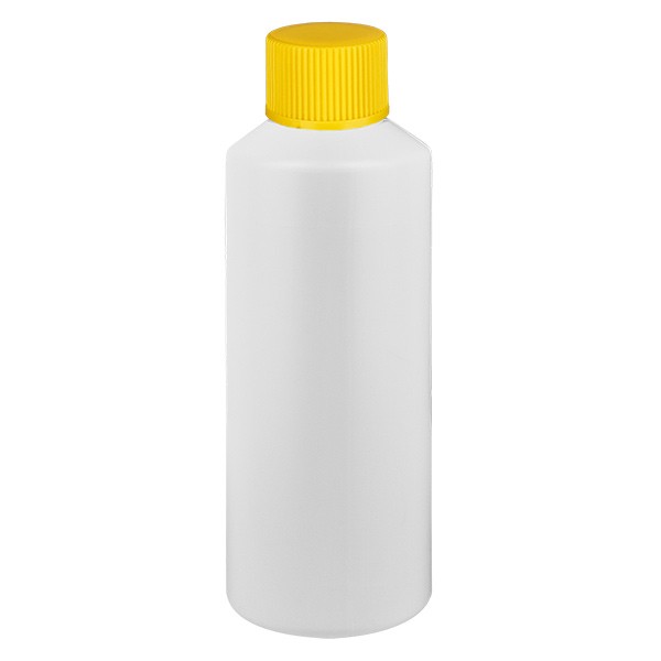 PET cilinderfles 75ml wit met schroefsluiting geel