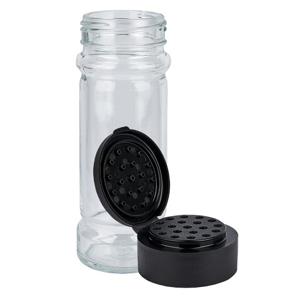 Glazen kruidenpotje cilindervorm 100 ml met 41 mm schroefdraad, helder glas incl. strooi-schroefsluiting zwart
