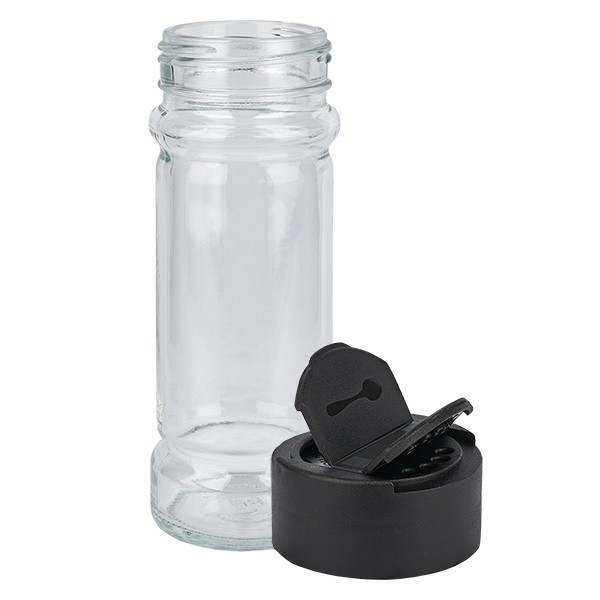 Glazen kruidenpotje cilindervorm 100 ml met 41 mm schroefdraad, helder glas incl. strooi-schroefsluiting zwart