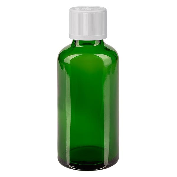 Flacon pharmaceutique vert 50 ml bouchon á vis blanc séc. enf. standard