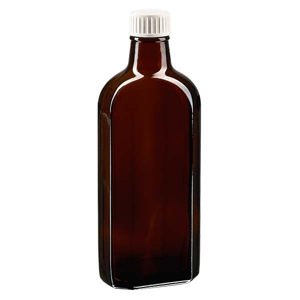 Flasque brune de 250 ml au goulot PP 28, avec bouchon à vis PP 28 blanc, joint en PEE et système d’inviolabilité