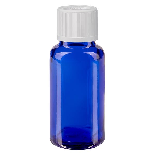 Blauwe glazen flessen 20ml met wit druppelsluiting kinderslot St