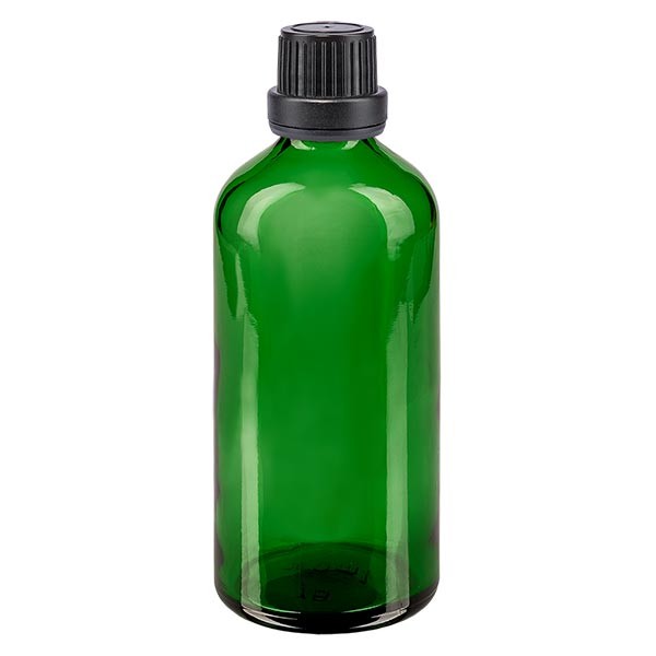 Groenen glazen flessen 100ml met zwart schroefsluiting dicht. VR
