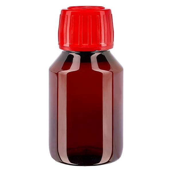 PET medicijnfles 50ml bruin (Veral fles) PP28, met rood OV