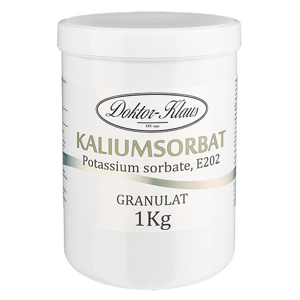 1000 g kaliumsorbaat, in pot met witte schroefdop.