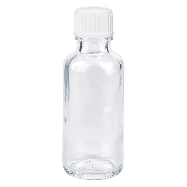 Helder glazen flessen 30ml met wit druppelsluiting 0.8mm St