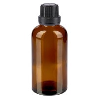 Bruine glazen fles 50ml met zwart druppelsluiting 2mm VR Bruine glazen fles 50ml met zwart druppelsluiting 2mm VR