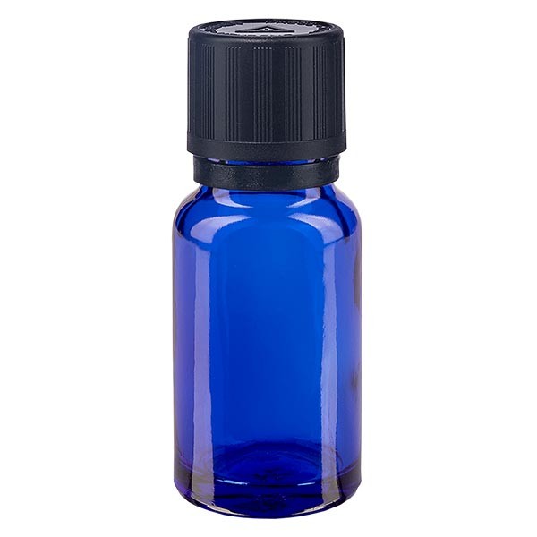 Blauwe glazen flessen 10ml met zwart 1mm druppelstop KiSi Bliw OV
