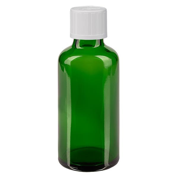 Flacon pharmaceutique vert 50 ml bouchon compte-gouttes blanc séc. enf. standard