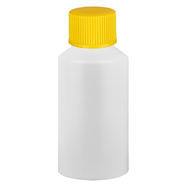 PET cilinderfles 50ml wit met schroefsluiting geel