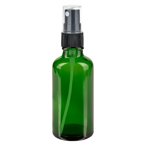 Flacon compte-gouttes vert 50 ml, DIN18 avec spray