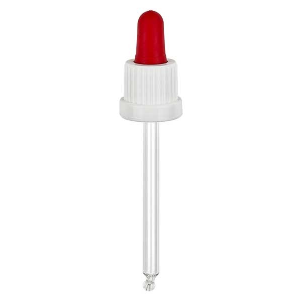 Glazen druppelpipet wit/rood 18 mm PL85 garantiesluiting (VR)