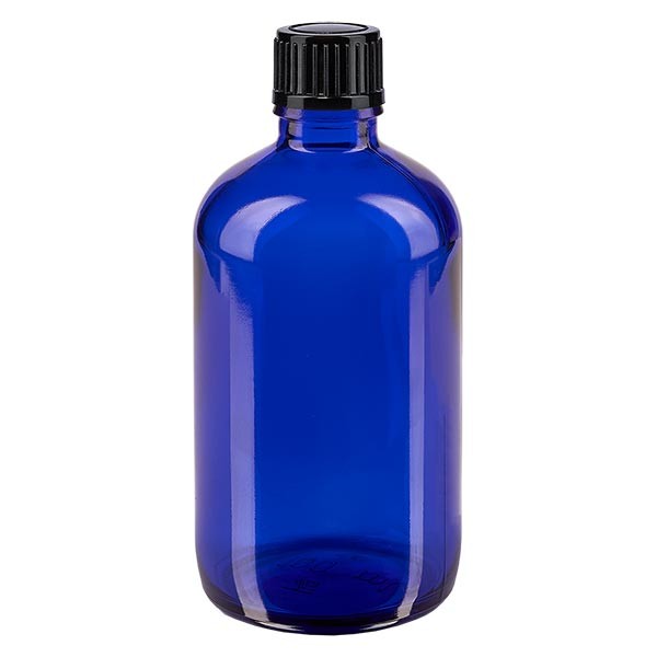 Blauwe glazen flessen 100ml met zwart druppelsluiting 1mm St