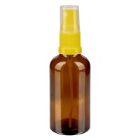 Bruin glazen flessen 50ml met geel pompverstuiver  Bruin glazen flessen 50ml met geel pompverstuiver