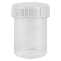 Kunststof pot 40ml transparant met geribbeld wit schroefdeksel van PE, type sluiting standaard Kunststof pot 40ml transparant met geribbeld wit schroefdeksel van PE, type sluiting standaard