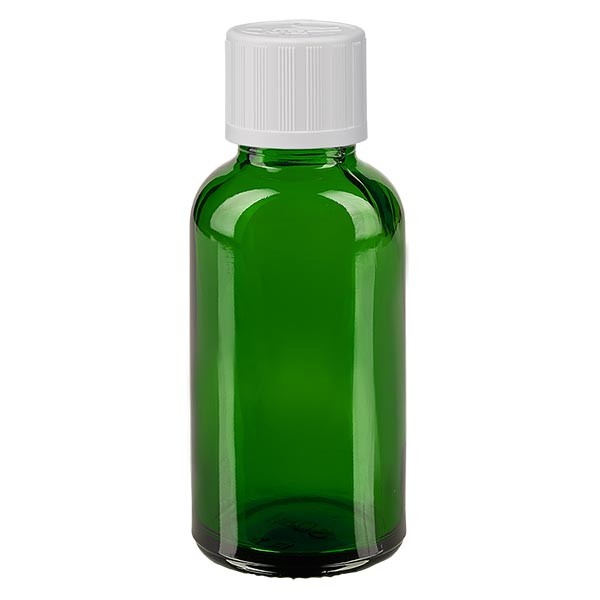 Flacon pharma. vert 30 ml bouch. à vis blanc séc. enf. st