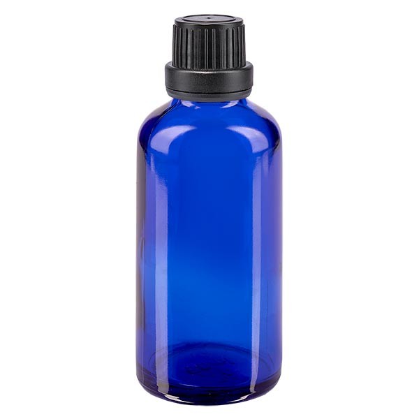 Blauwe glazen flessen 50ml met zwart druppelsluiting 2mm VR