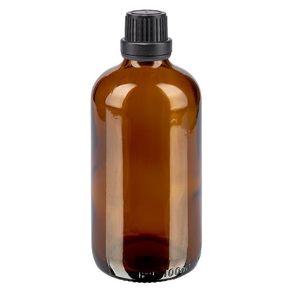 Bruine glazen fles 100ml met zwart schroefsluiting dicht. VR