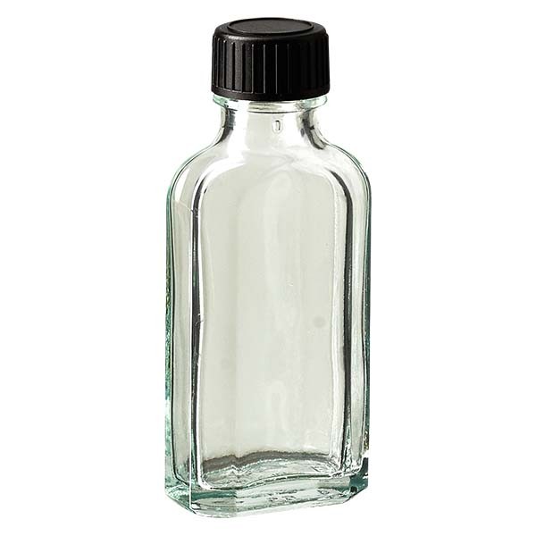 Flasque transparente de 50 ml au goulot DIN 22, avec bouchon à vis DIN 22 noir et joint LKD