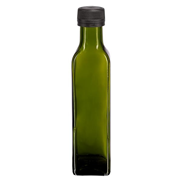 250 ml likeurfles hoekig olijfgroen glas incl. schroefsluiting zwart (PP 31,5 mm) met uitgietring met garantiesluiting (OV)