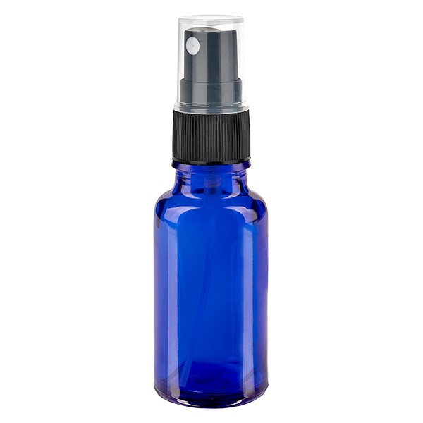 Flacon compte-gouttes bleu 20 ml avec vaporisateur à pompe noir