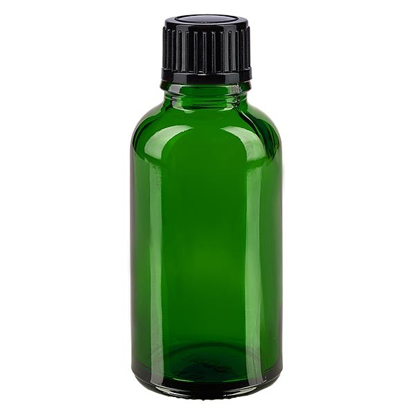 Groenen glazen flessen 30ml met zwart druppelsluiting 1mm St