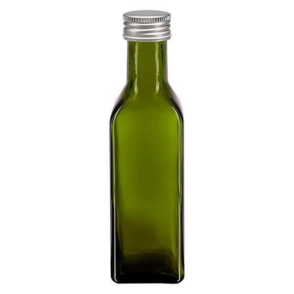100 ml oliefles hoekig olijfgroen incl. aluminium schroefsluiting zilver (PP 24mm)