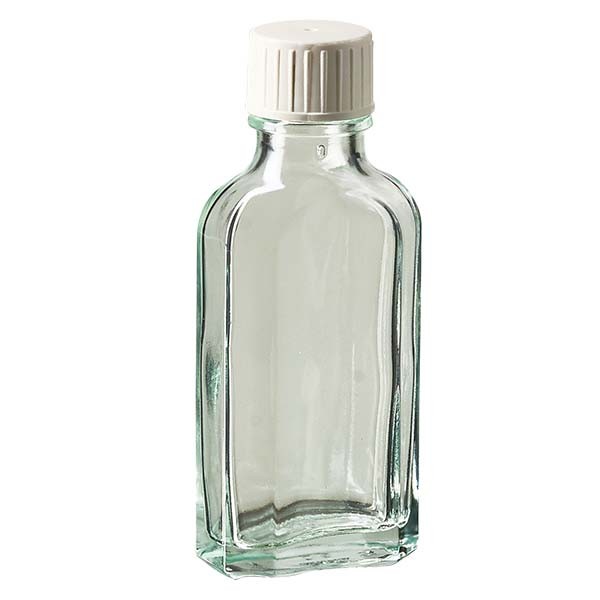 Flasque transparente de 50 ml au goulot DIN 22, avec bouchon à vis DIN 22 blanc et bague anti-gouttes