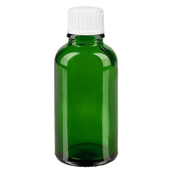 Groenen glazen flessen 30ml met wit schroefsluiting globuli uitgietring St