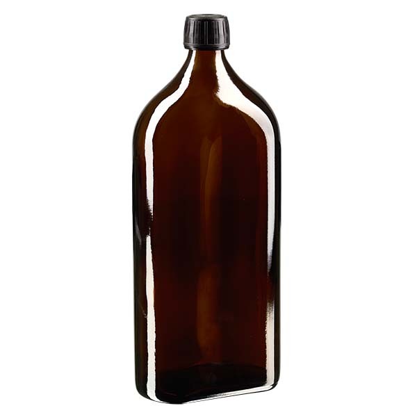 Flasque brune de 1 000 ml au goulot PP 28, avec bouchon à vis PP 28 noir, joint en PEE et système d’inviolabilité