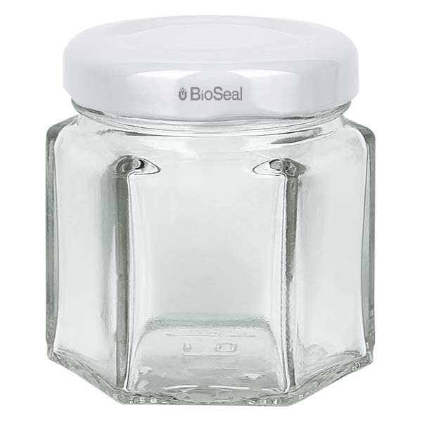 Bocal hexagonal de 47ml avec couvercle BioSeal blanc UNiTWIST