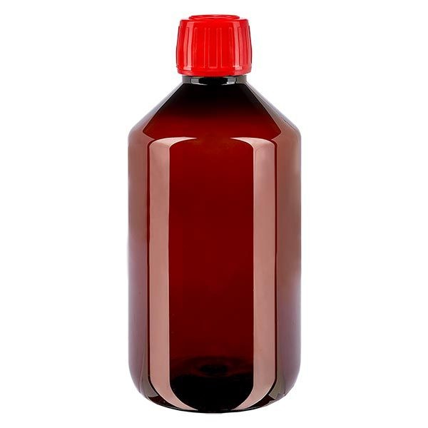 Flacon médical de 500 ml en PET, avec bouchon à vis rouge PP28