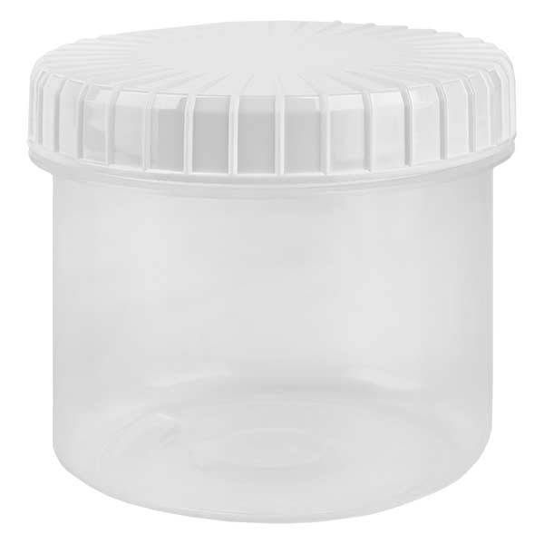 Kunststof pot 135ml transparant met geribbeld wit schroefdeksel van PE, type sluiting standaard