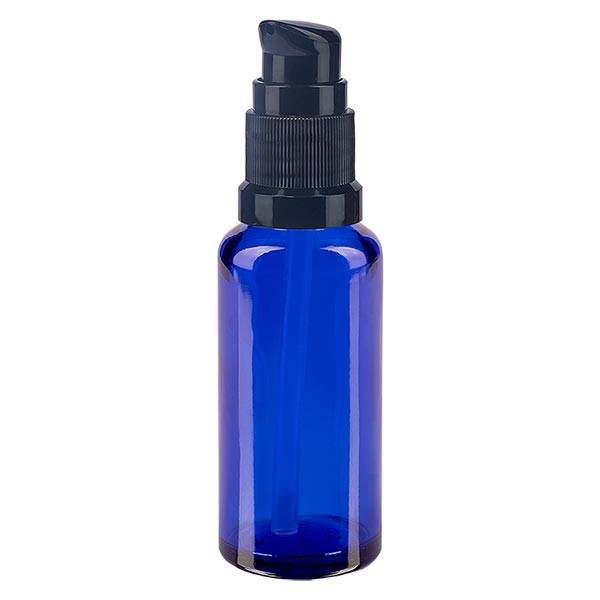 Flacon compte-gouttes bleu 30 ml avec bouchon à pompe noir