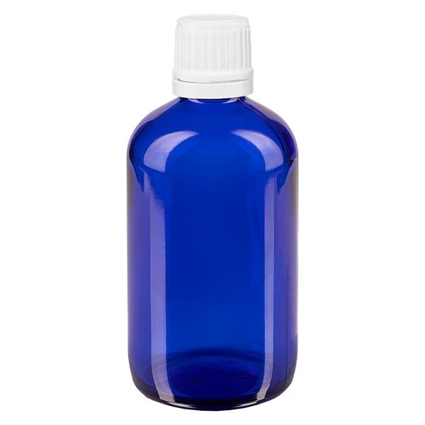 Blauwe glazen flessen 100ml met wit schroefsluiting VR