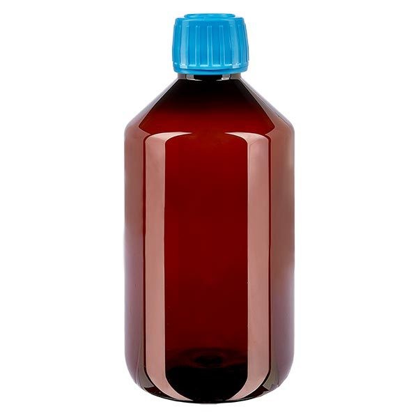 Flacon médical de 500 ml en PET, avec bouchon à vis bleu PP28