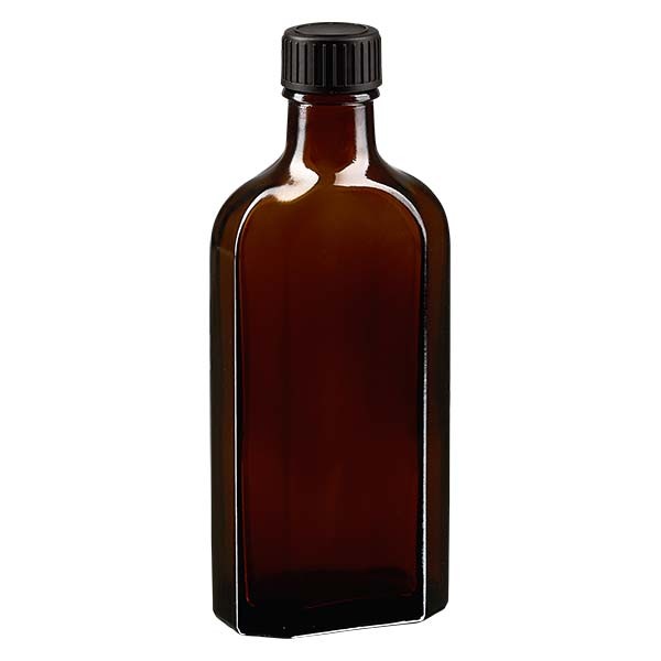 Flasque brune de 150 ml au goulot DIN 22, avec bouchon à vis DIN 22 noir et joint PEE