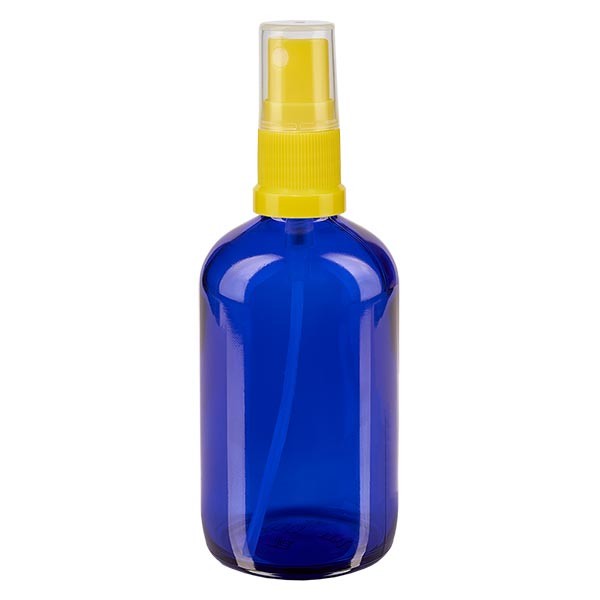 Blauwe glazen flessen 100ml met geel pompverstuiver